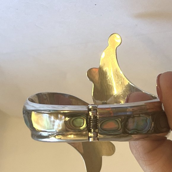 Very Unique Mexican designed silver mother of pearl blue/green hinged bracelet - Picture 4 of 8